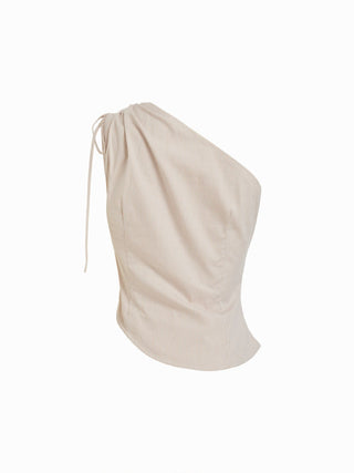 Cotton Gingham Asymmetrical Neck Drawstring Ruched Cami Blouse