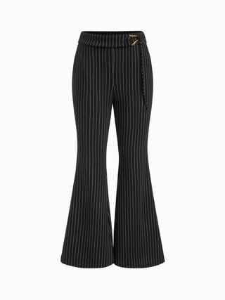 Mid Rise Striped Metal Detail Flared Trousers