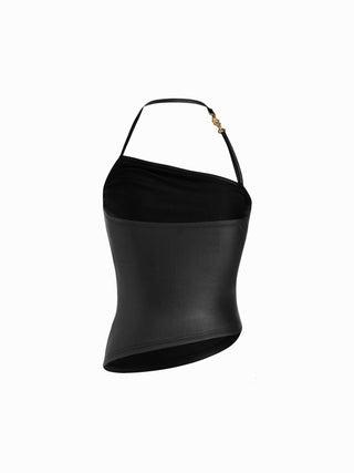 Halter Neckline Ruched Asymmetrical Metal Detail Slim Cami Top