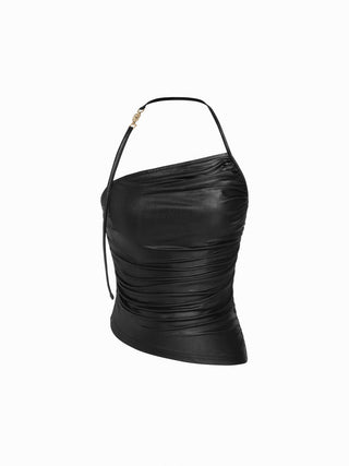Halter Neckline Ruched Asymmetrical Metal Detail Slim Cami Top