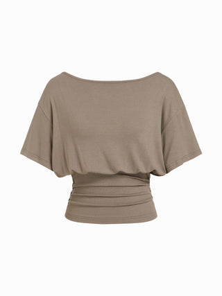 Boat Neck Batwing Sleeve Backless Drawstring Metal Detail Oversized Crop Tee
