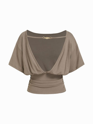 Boat Neck Batwing Sleeve Backless Drawstring Metal Detail Oversized Crop Tee