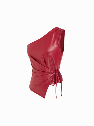 Faux Leather Asymmetrical Neck Ruched Drawstring Crop Top