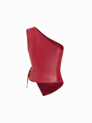 Faux Leather Asymmetrical Neck Ruched Drawstring Crop Top