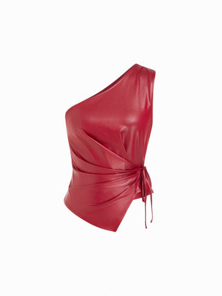 Faux Leather Asymmetrical Neck Ruched Drawstring Crop Top
