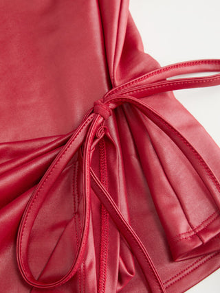 Faux Leather Asymmetrical Neck Ruched Drawstring Crop Top