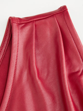 Faux Leather Asymmetrical Neck Ruched Drawstring Crop Top