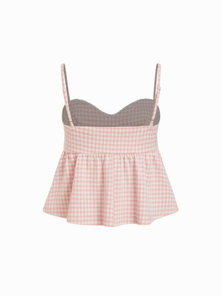 Gingham Sweetheart Neck Bowknot Peplum Crop Cami Top