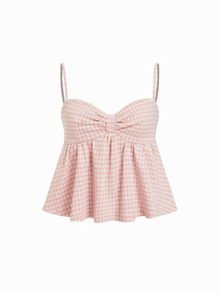 Gingham Sweetheart Neck Bowknot Peplum Crop Cami Top