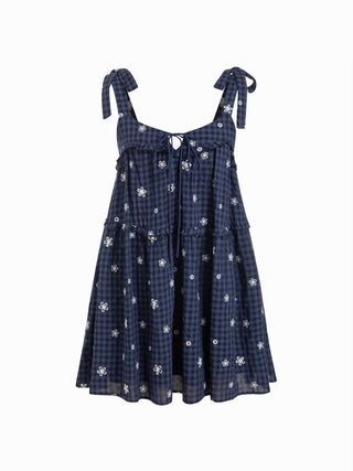 Cotton-blend Gingham Floral Graphic Bowknot Ruffled Tiered Oversized Babydoll Mini Dress