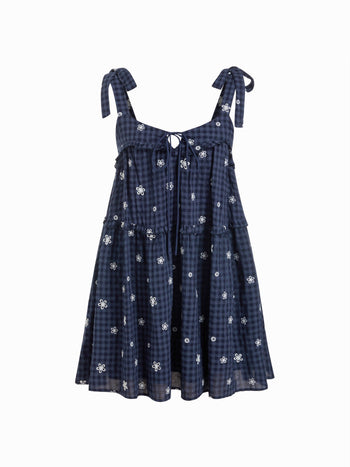 Cotton-blend Gingham Floral Graphic Bowknot Ruffled Tiered Oversized Babydoll Mini Dress