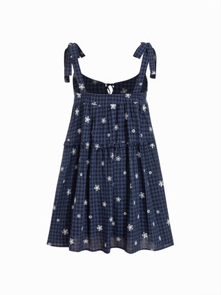 Cotton-blend Gingham Floral Graphic Bowknot Ruffled Tiered Oversized Babydoll Mini Dress