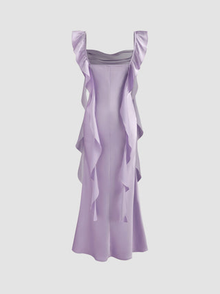 Satin Cowl Neck Solid Ruffle Hem Maxi Dress