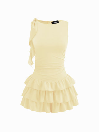 Boat Neck Ruched Ruffle Hem Layered Micro Romper