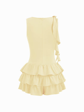 Boat Neck Ruched Ruffle Hem Layered Micro Romper
