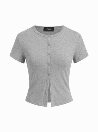Round Neckline Solid Button Short Sleeve Top