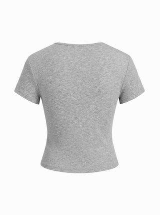 Round Neckline Solid Button Short Sleeve Top