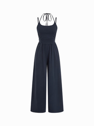 Cotton-blend Mid Rise Scoop Neck Twist Knotted Ruched Wide Leg Jumpsuit