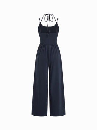 Cotton-blend Mid Rise Scoop Neck Twist Knotted Ruched Wide Leg Jumpsuit