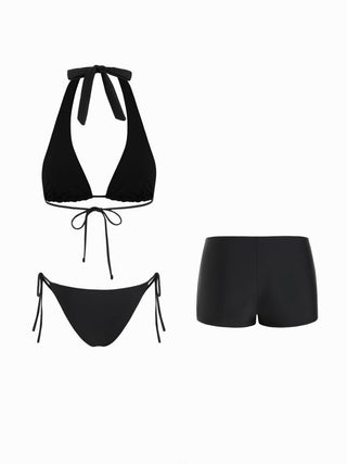 Knit Fabric Halter Neckline Rivet Knotted 3 Piece Bikini Set With Shorts For Vacation Swimming Pool Beach