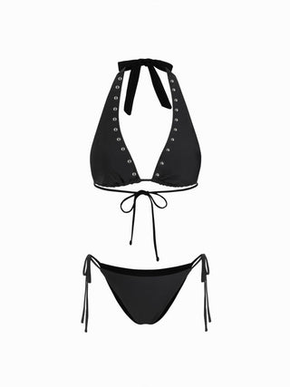 Knit Fabric Halter Neckline Rivet Knotted 3 Piece Bikini Set With Shorts For Vacation Swimming Pool Beach