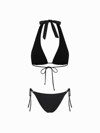 Knit Fabric Halter Neckline Rivet Knotted 3 Piece Bikini Set With Shorts For Vacation Swimming Pool Beach