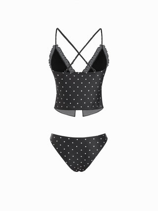 V-neck Gingham Bowknot Lettuce Trim Tankini Bikini Set