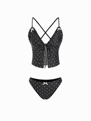 V-neck Gingham Bowknot Lettuce Trim Tankini Bikini Set
