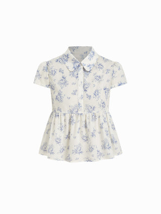 Woven Cotton-blend Floral Peplum Short Sleeve Oversized Blouse For Daily Casual Vacation