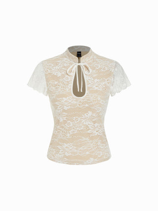 Lace Mandarin Collar Lace Short Sleeve Top
