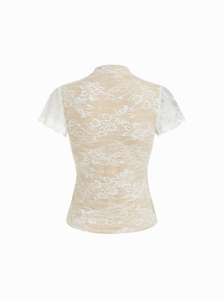 Lace Mandarin Collar Lace Short Sleeve Top