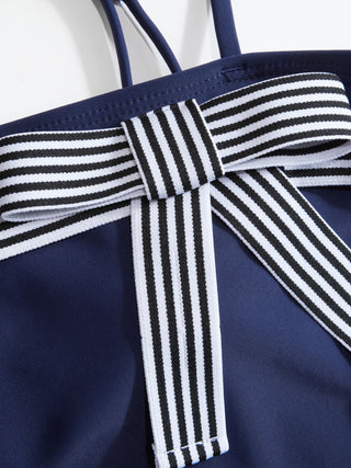 Square Neck Striped Bowknot One Piece Swimsuit