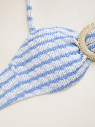 Cotton-blend Halter Neckline Striped O-Ring Low Rise Cheeky Bikini Set With Sarong