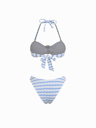 Cotton-blend Halter Neckline Striped O-Ring Low Rise Cheeky Bikini Set With Sarong
