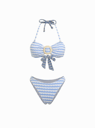Cotton-blend Halter Neckline Striped O-Ring Low Rise Cheeky Bikini Set With Sarong