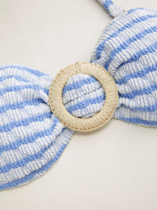 Cotton-blend Halter Neckline Striped O-Ring Low Rise Cheeky Bikini Set With Sarong
