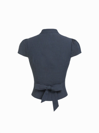 Cotton-blend Gingham Scoop Neck Puff Sleeve Ruched Drawstring Blouse