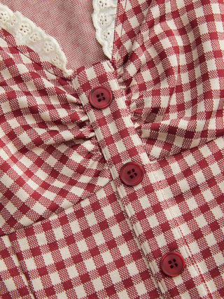 Gingham V-neck Short Sleeve Ruched Lace Trim A-line Mini Dress