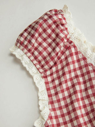 Gingham V-neck Short Sleeve Ruched Lace Trim A-line Mini Dress
