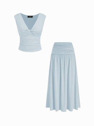 V-neck Twist Ruched Top & Mid Rise Ruched Flared Maxi Skirt Set