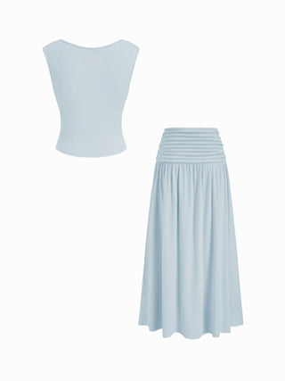 V-neck Twist Ruched Top & Mid Rise Ruched Flared Maxi Skirt Set