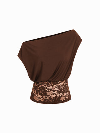 Asymmetrical Neck Floral Lace Ruched Top