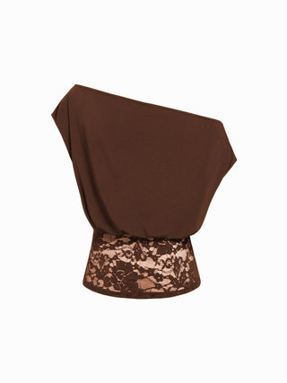 Asymmetrical Neck Floral Lace Ruched Top