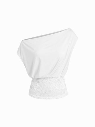Asymmetrical Neck Floral Lace Ruched Top