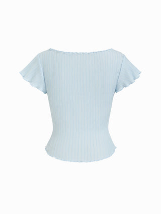 Textured Boat Neck Ruffle Sleeve Lettuce Trim Tee