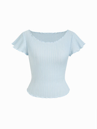 Textured Boat Neck Ruffle Sleeve Lettuce Trim Tee