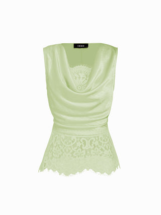 Satin Cowl Neck Lace Panel Top & Mid Rise Flared Maxi Skirt Set