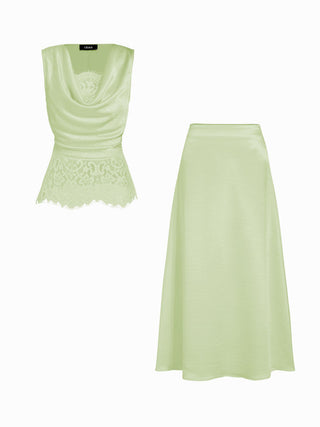 Satin Cowl Neck Lace Panel Top & Mid Rise Flared Maxi Skirt Set
