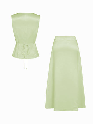 Satin Cowl Neck Lace Panel Top & Mid Rise Flared Maxi Skirt Set