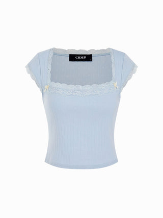 Knit Fabric Cotton-blend Pointelle Square Neck Short Sleeve Lace Trim Bowknot Tee For Daily Casual Date